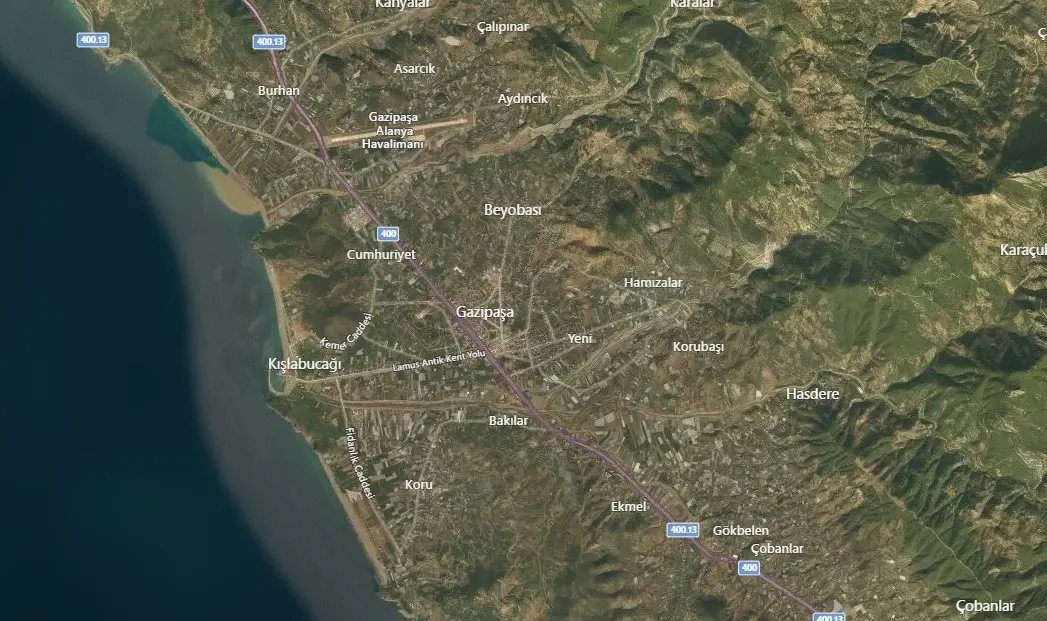 Gazipaşa Uydu Görüntüsü Haritası, Antalya