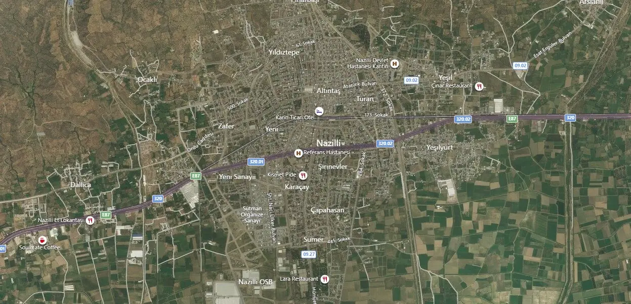 Nazilli Uydu Görüntüsü Haritası, Aydın